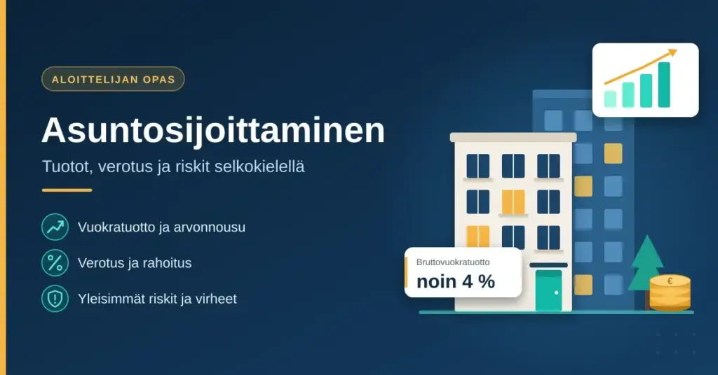 Kuvituskuva asuntosijoittamisesta: kerrostalo, nouseva tuottokaavio, kolikkopino ja teksti "Asuntosijoittaminen – tuotot, verotus ja riskit selkokielellä" tummansinisellä taustalla.