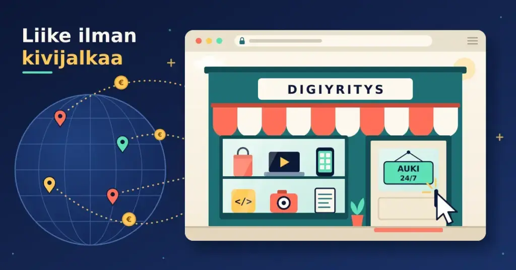 Kuvitus, jossa selainikkunan sisällä on DIGIYRITYS-kauppa, jonka näyteikkunassa on ostoskassi, verkkokurssi, sovellus, koodi, kamera ja opas, ovessa "AUKI 24/7" -kyltti ja hiiren osoitin, ja vasemmalla maapallo, jonka karttanastoista kulkee euroja liikkeeseen, sekä teksti "Liike ilman kivijalkaa".