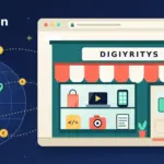 Kuvitus, jossa selainikkunan sisällä on DIGIYRITYS-kauppa, jonka näyteikkunassa on ostoskassi, verkkokurssi, sovellus, koodi, kamera ja opas, ovessa "AUKI 24/7" -kyltti ja hiiren osoitin, ja vasemmalla maapallo, jonka karttanastoista kulkee euroja liikkeeseen, sekä teksti "Liike ilman kivijalkaa".