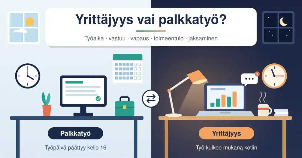 Kuvitus vertaa palkkatyötä ja yrittäjyyttä: vasemmalla valoisa toimisto, jossa kello on neljä ja työpäivä päättyy, oikealla iltainen kotityöpiste, jossa kannettava tietokone, pöytävalaisin ja myöhäistä iltaa näyttävä kello kertovat työn kulkevan mukana kotiin.