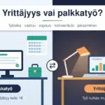 Kuvitus vertaa palkkatyötä ja yrittäjyyttä: vasemmalla valoisa toimisto, jossa kello on neljä ja työpäivä päättyy, oikealla iltainen kotityöpiste, jossa kannettava tietokone, pöytävalaisin ja myöhäistä iltaa näyttävä kello kertovat työn kulkevan mukana kotiin.