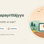 Kuvituskuva, jossa on otsikko Elämäntapayrittäjyys, sanat Vapaus, Arvot ja Intohimo sekä luontomaisemaan sijoittuva työpöytä, jolla on kannettava tietokone sydänkuvalla, kahvikuppi ja huonekasvi.