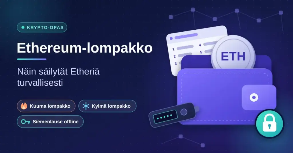 Violetti lompakko, josta nousee ETH-kolikko, sekä siemenlausekortti, laitelompakko ja lukkosymboli Ethereum-lompakon turvallista säilytystä havainnollistamassa.