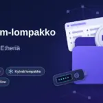 Violetti lompakko, josta nousee ETH-kolikko, sekä siemenlausekortti, laitelompakko ja lukkosymboli Ethereum-lompakon turvallista säilytystä havainnollistamassa.