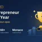 Tummansininen kuva, jossa kultainen pokaali, nousevat kasvupylväät ja teksti "EY Entrepreneur Of The Year – Yrittäjyyskilpailun opas" sekä pikafaktat: Suomessa vuodesta 2003, yli 60 maata mukana ja maailmanfinaali Monacossa.