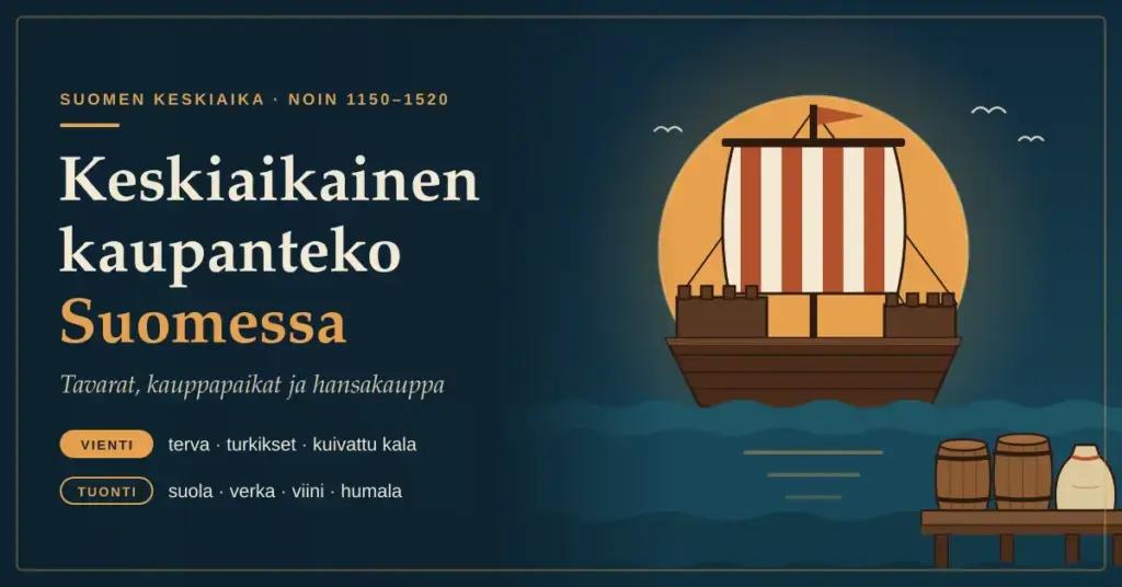 Kuvituskuva, jossa raidallisella purjeella varustettu hansakoggi purjehtii auringonlaskun edessä ja laiturilla on tervatynnyreitä ja suolasäkki, sekä teksti "Keskiaikainen kaupanteko Suomessa – tavarat, kauppapaikat ja hansakauppa".