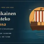 Kuvituskuva, jossa raidallisella purjeella varustettu hansakoggi purjehtii auringonlaskun edessä ja laiturilla on tervatynnyreitä ja suolasäkki, sekä teksti "Keskiaikainen kaupanteko Suomessa – tavarat, kauppapaikat ja hansakauppa".