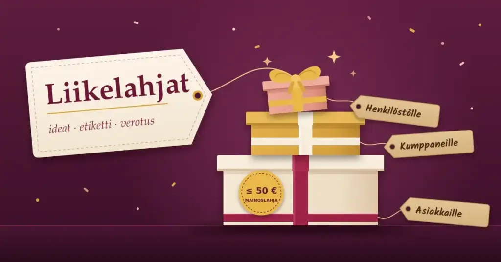 Kuvitus, jossa viininpunaisella taustalla on kolmen lahjapaketin pino, jonka paketteihin on sidottu lahjalaput "Henkilöstölle", "Kumppaneille" ja "Asiakkaille", alimmassa paketissa on "≤ 50 € mainoslahja" -tarra ja ylimmän paketin rusettiin on kiinnitetty iso lahjalappu tekstillä "Liikelahjat – ideat · etiketti · verotus".