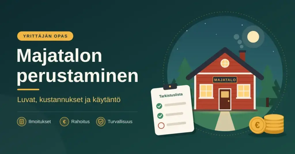 Kuvituksessa punainen puinen majatalo iltamaisemassa, tarkistuslista ja euronkolikoita sekä teksti Majatalon perustaminen – luvat, kustannukset ja käytäntö.