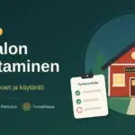 Kuvituksessa punainen puinen majatalo iltamaisemassa, tarkistuslista ja euronkolikoita sekä teksti Majatalon perustaminen – luvat, kustannukset ja käytäntö.