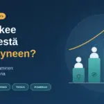 Kuvituskuva, jossa on otsikko "Mikä tekee yrityksestä menestyneen?" ja nouseva pylväskaavio, jonka pylväiden päällä seisoo tyyliteltyjä henkilöhahmoja ja jonka yllä kaartuu ylöspäin osoittava nuoli.