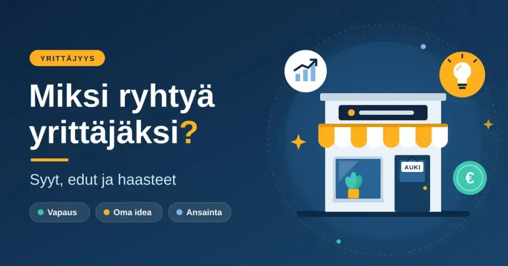 Kuvituskuva, jossa teksti "Miksi ryhtyä yrittäjäksi? Syyt, edut ja haasteet" sekä pienen yrityksen myymälä raidallisella markiisilla ja "AUKI"-kyltillä, nouseva kasvukaavio, hehkulamppu ja euron kolikko tummansinisellä taustalla.