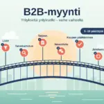 Kuvitus, jossa myyjäyrityksen ja ostajayrityksen rakennuksia yhdistää silta, jonka varrella on B2B-myynnin vaiheet liideistä tarvekartoitukseen, tarjoukseen, neuvotteluun, kaupan päättämiseen ja jälkihoitoon, ja ostajan ikkunoissa näkyy 6–10 päättäjää.