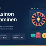 Tummansininen kuvitus, jossa on otsikko ”Netticasinon perustaminen”, keskeiset luvut (hakemusmaksu 29 000 €, toiminta alkaa 1.7.2027, rahapelivero noin 22 %) sekä rulettipyörä, pelikortit, pelimerkit ja toimilupa-asiakirja.