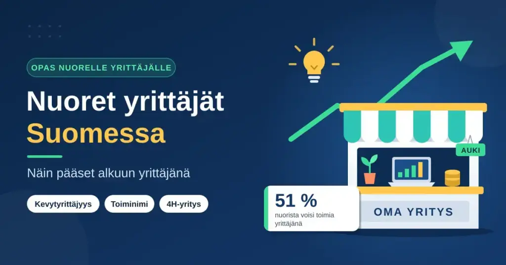 Kuvitus nuoresta yrittäjyydestä: pieni kioski, jossa on kannettava tietokone, taimi ja kolikoita, nouseva kasvunuoli, hehkulamppu sekä teksti "Nuoret yrittäjät Suomessa – näin pääset alkuun yrittäjänä" ja tieto, että 51 % nuorista voisi toimia yrittäjänä.