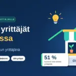 Kuvitus nuoresta yrittäjyydestä: pieni kioski, jossa on kannettava tietokone, taimi ja kolikoita, nouseva kasvunuoli, hehkulamppu sekä teksti "Nuoret yrittäjät Suomessa – näin pääset alkuun yrittäjänä" ja tieto, että 51 % nuorista voisi toimia yrittäjänä.