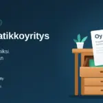 Kuvituskuva, jossa puisen työpöydän avatusta laatikosta nousee Oy-asiakirja ja keltainen taukomerkki sekä teksti "Pöytälaatikkoyritys – mikä se on ja miksi niitä perustetaan".