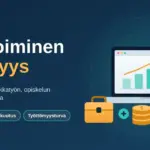 Kuvituskuva, jossa teksti "Sivutoiminen yrittäjyys" sekä salkku, kolikkopino, kasvua näyttävä kannettava tietokone ja iltaa osoittava kello kuvaavat yritystoimintaa palkkatyön rinnalla.