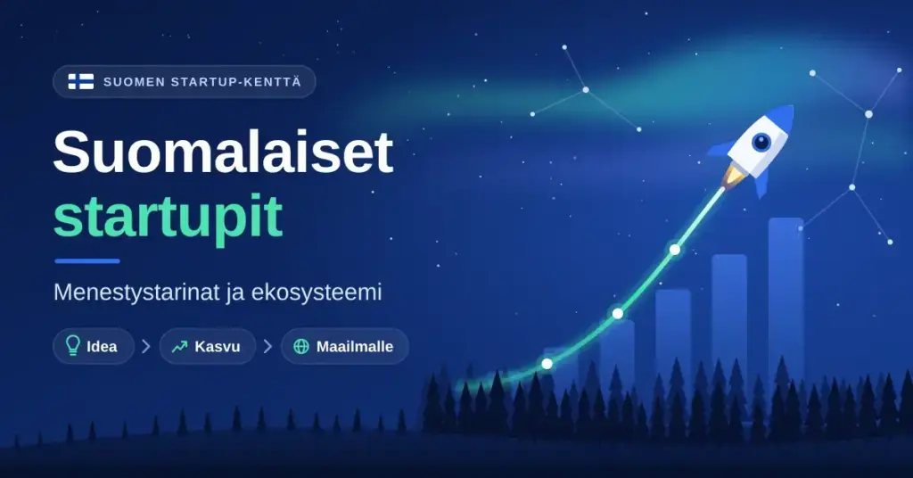 Kuvituskuva, jossa raketti nousee kasvukäyrää pitkin revontulien ja havumetsän yllä tekstin "Suomalaiset startupit – Menestystarinat ja ekosysteemi" vieressä.