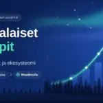 Kuvituskuva, jossa raketti nousee kasvukäyrää pitkin revontulien ja havumetsän yllä tekstin "Suomalaiset startupit – Menestystarinat ja ekosysteemi" vieressä.