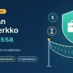 Kuvituskuva, jossa salkkua suojaava kilpi leijuu turvaverkon yllä euron, tiimalasin, sydämen ja sateenvarjon symbolien ympäröimänä sekä teksti "Yrittäjän turvaverkko Suomessa – näin sosiaaliturva muodostuu".