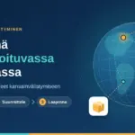 Tummansininen grafiikka, jossa vasemmalla otsikko "Yrittäjänä globalisoituvassa maailmassa" ja kansainvälistymisen askeleet Selvitä, Suunnittele ja Laajenna, ja oikealla maapallo, jonka yli kulkevat yhteysviivat yhdistävät sen kasvua, euroja ja tavaroiden vientiä kuvaaviin kuvakkeisiin.