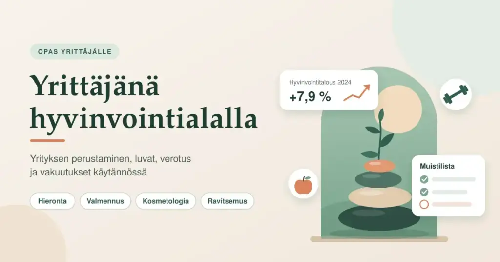 Kuvituskuva, jossa on otsikko "Yrittäjänä hyvinvointialalla", hyvinvointialan osa-alueita kuten hieronta, valmennus, kosmetologia ja ravitsemus sekä pinottuja hierontakiviä, joista kasvaa taimi, hyvinvointitalouden 7,9 prosentin kasvu ja yrittäjän muistilista.