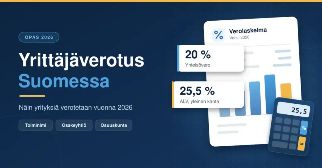 Tummansininen kuvitus, jossa on otsikko "Yrittäjäverotus Suomessa", verolaskelma pylväskaavioineen, laskin sekä nostot yhteisöverosta 20 % ja arvonlisäveron yleisestä kannasta 25,5 %.